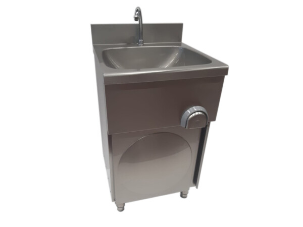 Handwaschbecken aus Edelstahl mit Kniebedienung, zeitgesteuertem Wasserfluss und Unterschrank