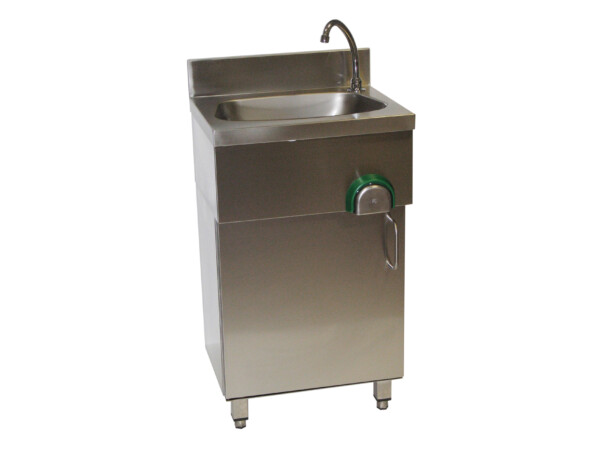 Handwaschbecken aus Edelstahl mit Kniebedienung, zeitgesteuertem Wasserfluss und Unterschrank